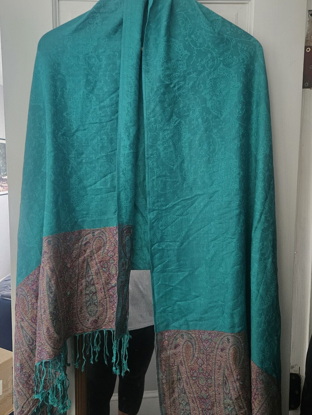 Teal Paisley Border Women Scarf/Shawl